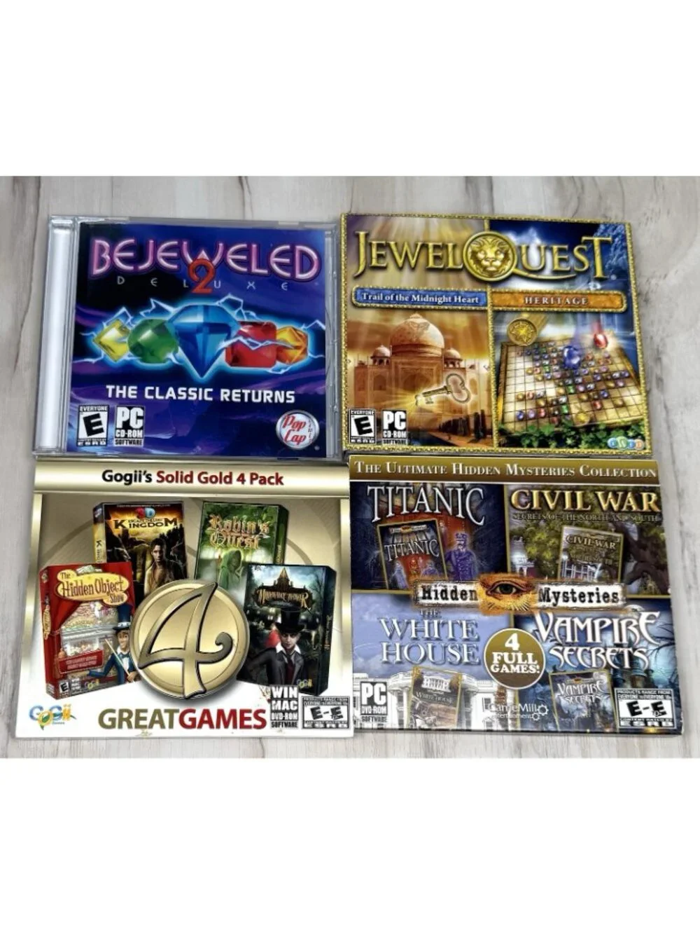 Lot 7 Windows PC GAMES CD-Rom Hidden Mysteries JewelQuest Bejeweled Titanic Card